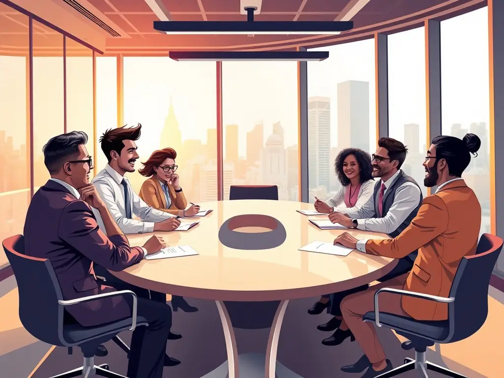A diverse group of attendees participating in a workshop at a business conference, actively engaging in discussions and collaborative problem-solving.