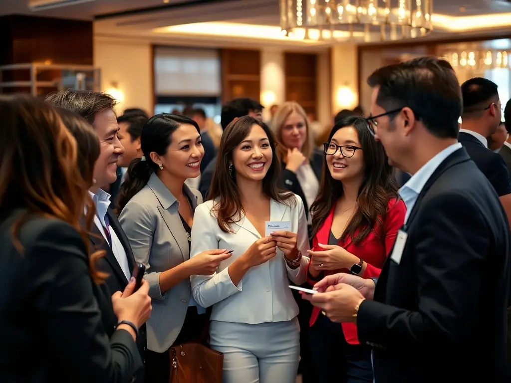 A professional business conference in London, with attendees actively networking and exchanging business cards, showcasing the value of in-person connections.