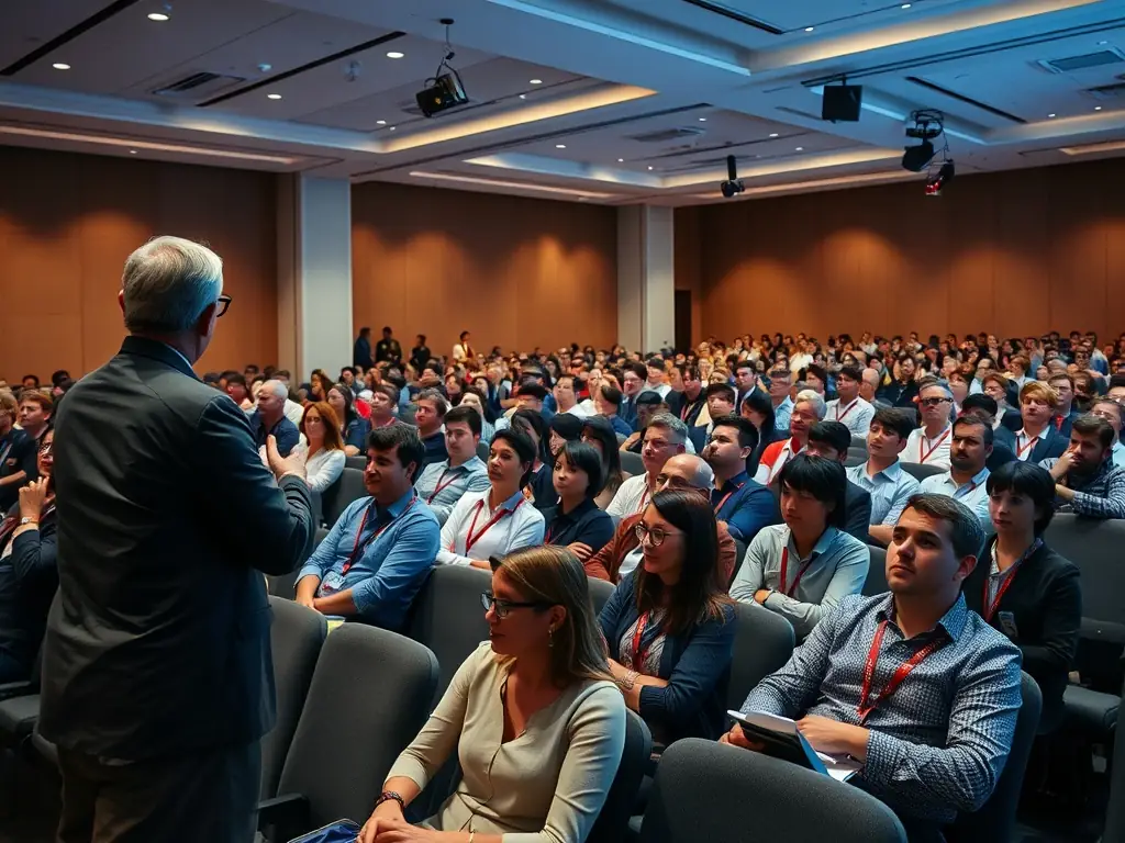 A photograph of a conference hall during a keynote speech, with attendees listening attentively. The image should convey a sense of engagement and intellectual stimulation.