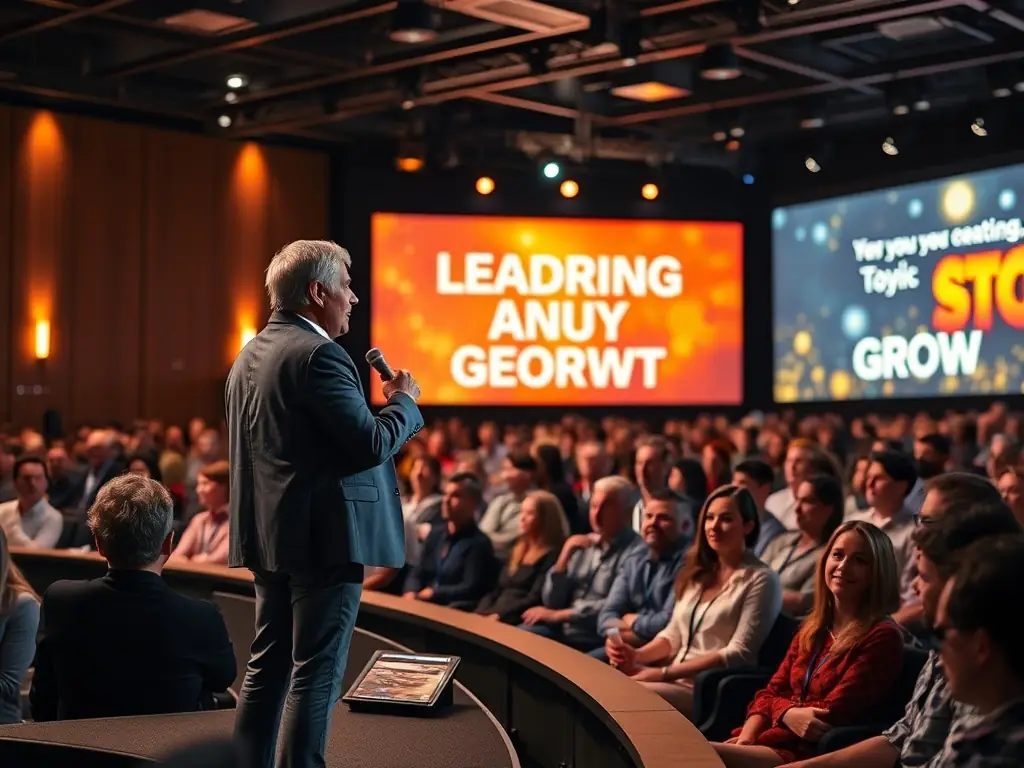 A speaker on stage at a business conference, delivering a keynote speech on industry trends and thought leadership, capturing the essence of knowledge sharing.