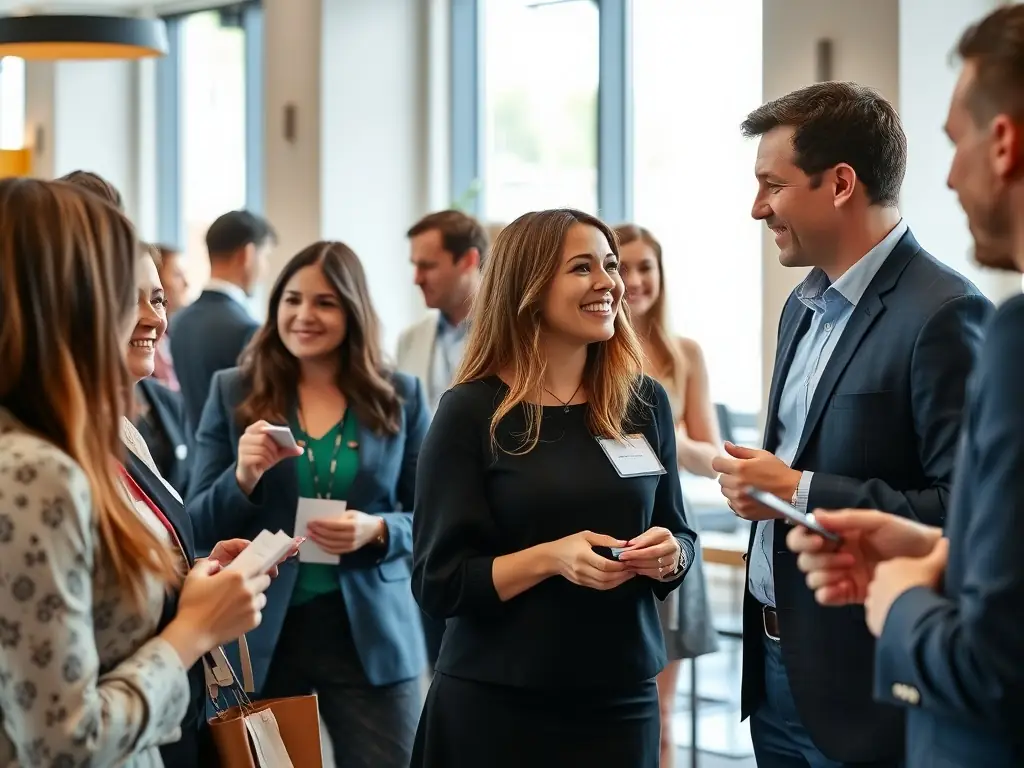 A photograph of attendees networking during a coffee break, with people engaged in conversation and exchanging business cards. The image should convey a sense of connection and opportunity.
