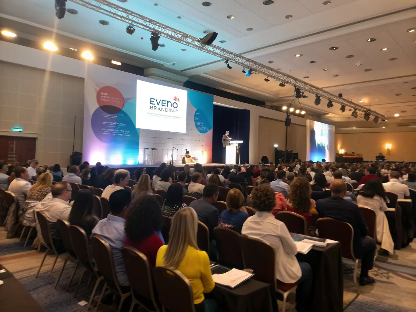 A vibrant photo of keynote speakers on stage with an attentive audience in a modern conference hall, capturing the essence of the UK Business Leaders Summit 2023.